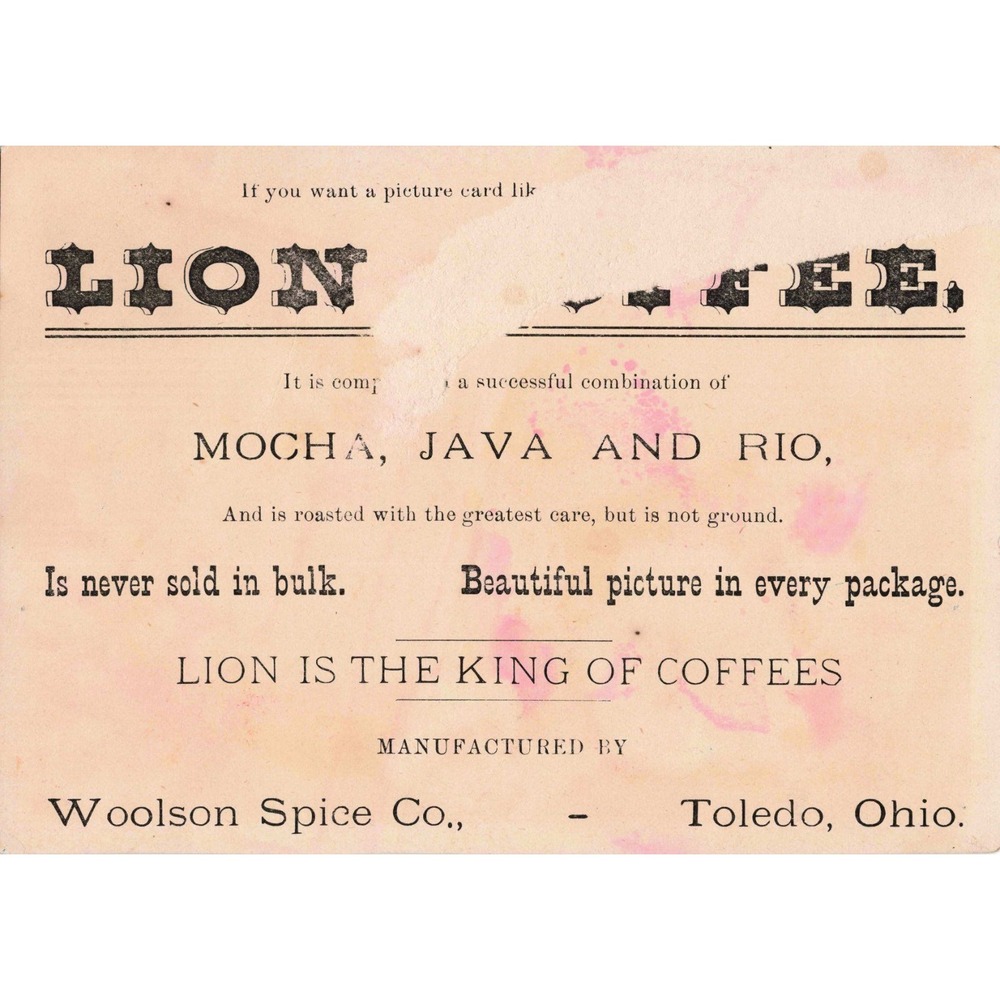 Antique 1880s Trade Card Lion Coffee Banjo Pansy Woolson Spice Toledo OH - Picture 2 of 2